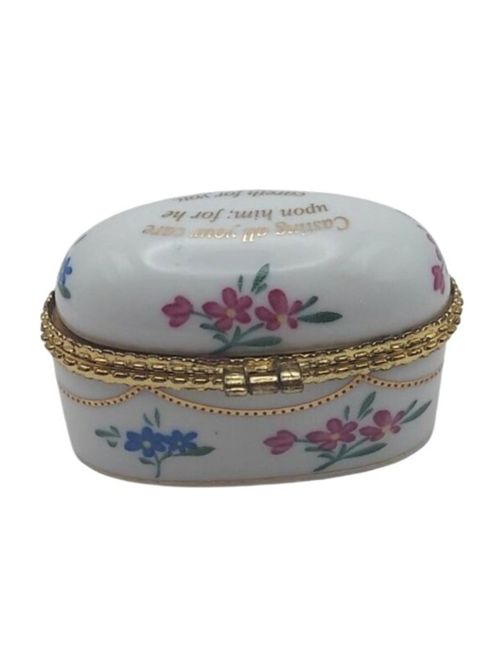 Imperial Porcelain Floral Hinged Oval Trinket Box w/ 1 Peter 5:7 Bible Verse - Picture 4 of 7